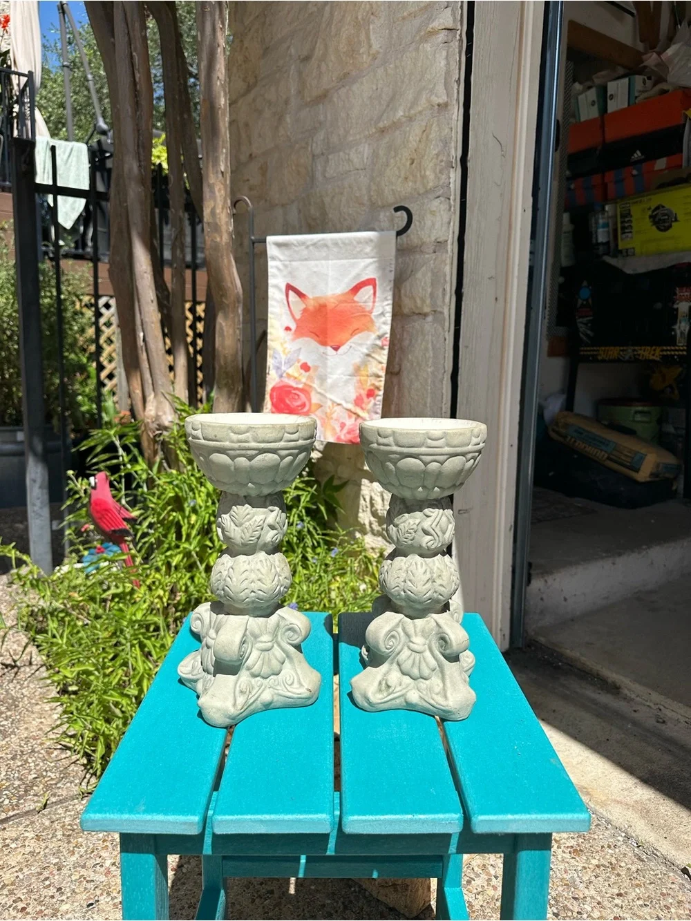 Ornate Pair of Decorative Candle Holders in Pale Seafoam